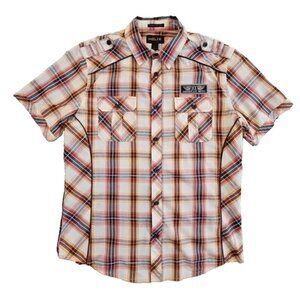 Helix Short Sleeve Button-Up Shirt‎ Men's Large Athletic Fit Embroidery EUC AN